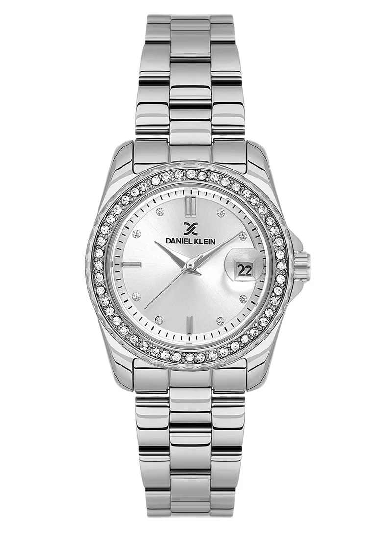 دانيل كلاين ساعة نسائية ستانلس ستيل | هيكل من سبيكة فضية | تناظري | قرص دائري فضي بنقشة مشع | حركة كوارتز يابانية | فاخرة | مقاومة للماء حتى عمق 30 مترًا